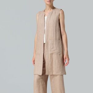 Kleen Women's Linen Tie-Front Sleeveless Cardigan Vest Large Tan Lightweight